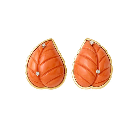 French Coral Diamond Leaf Earrings
