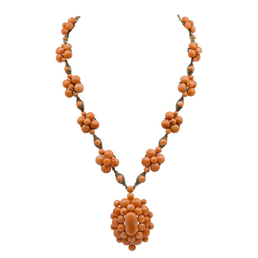 Antique Gold Coral Bead Pendant Necklace