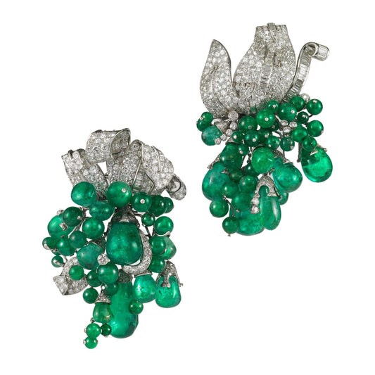 Paul Flato Jewelry Emerald Diamond Clip Brooches